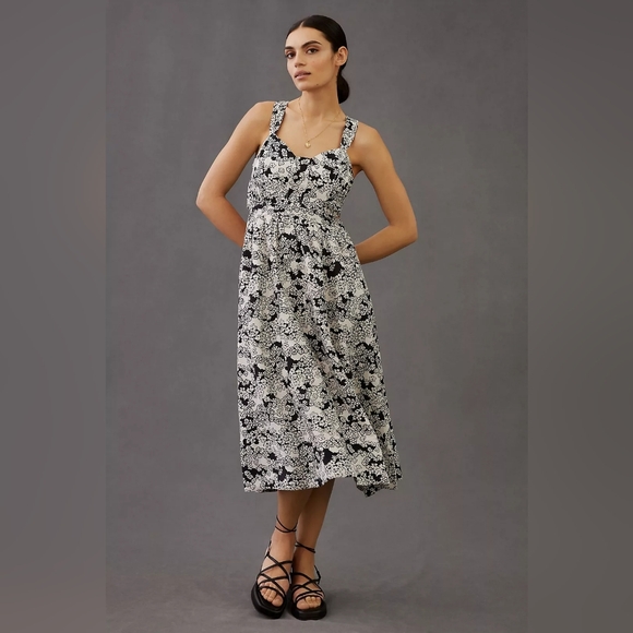 Anthropologie Black Printed Floral Linen Blend Midi Dress Size MP - Picture 3 of 12